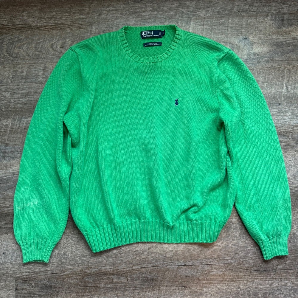 Polo Ralph Lauren Crew Neck Sweater Large Kelly Green Cotton Navy Pony Logo Flaw